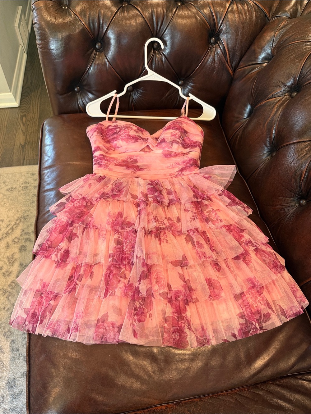 Macy's Pink Floral Tiered Tulle Party Dress